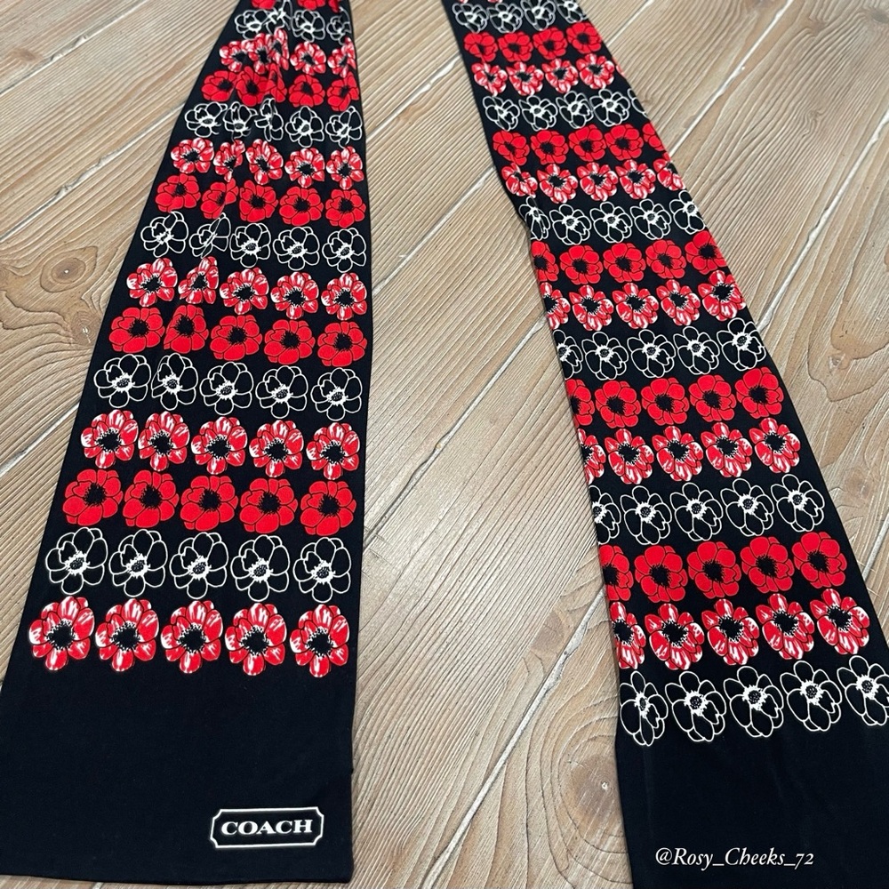 Coach VINTAGE Black Scarf with Red Floral Design